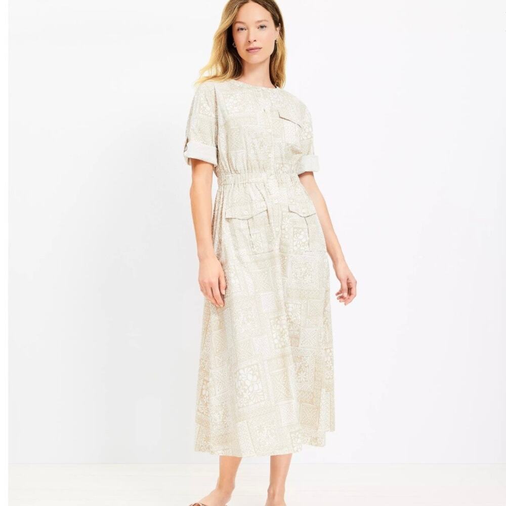 LOFT Tile Utility Midi Pocket Shirt Dress Gulf Sands Khaki Tan 14